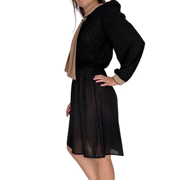 Vintage Luci Fellini 1980s Black Pin Stripe Dress Polka Dot Neck Tie Collar - Picture 5 of 13